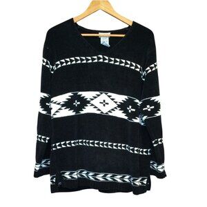 Vintage Womens Sweater Black White Aztec Diamond Pattern Ladies Size L Western